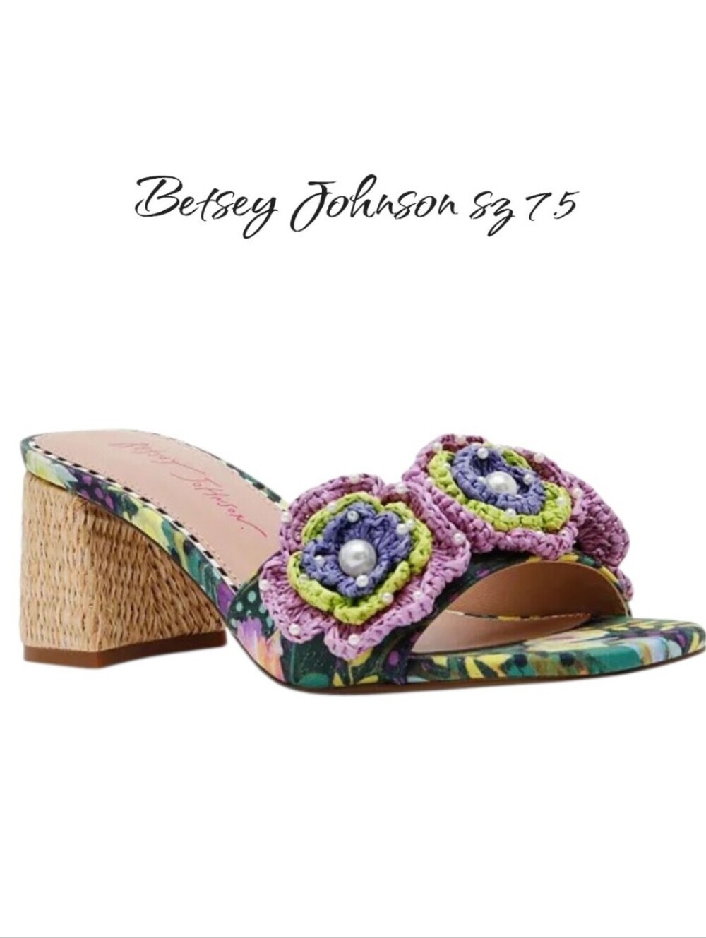 Betsey Johnson Dietrich Floral Block Heel Mules Sandals Crochet Flower Pearl 7.5